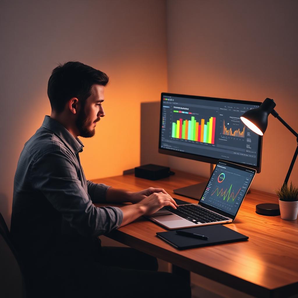 Small business owner reviewing analytics on a laptop at a wooden desk