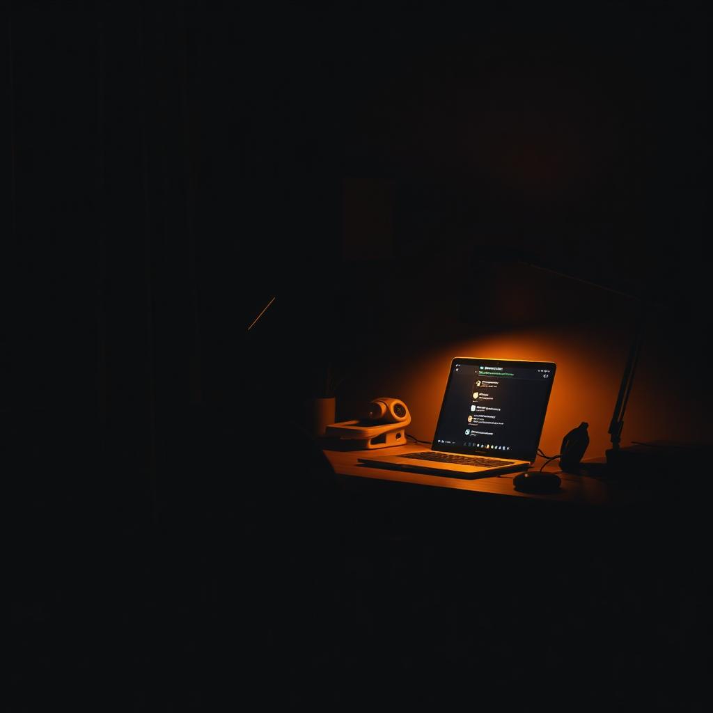 Empty home office at night with a laptop screen quietly glowing